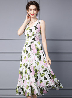 V-Neck Floral Sleeveless Midi Dresses