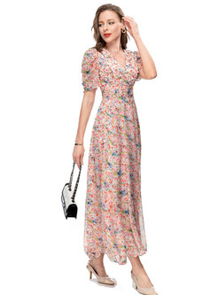 V-Neck Short Sleeve Floral Print Big Hem Long Dresses
