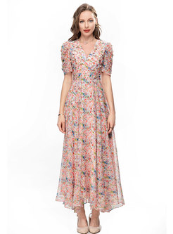 V-Neck Short Sleeve Floral Print Big Hem Long Dresses