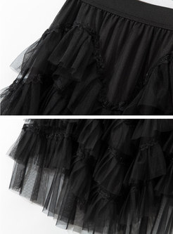 Fashion Pleated Layer Frill Mesh Maxi Skirts