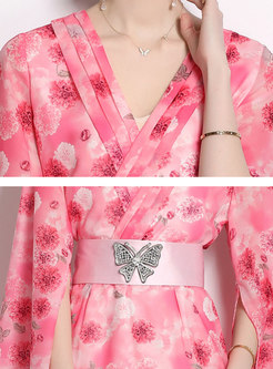 Flutter Deep V-Neck Long Sleeve Blurred Floral Long Dresses
