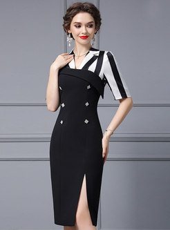 Notched Collar Color Contrast Office Dresses
