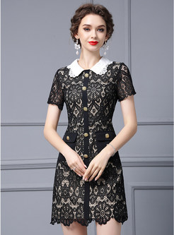 Turn-Down Collar Lace Sweet & Cute Single-Breasted Bodycon Dresses