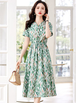 Stylish Allover Print Cinched Waist A-Line Dresses