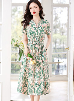 Stylish Allover Print Cinched Waist A-Line Dresses