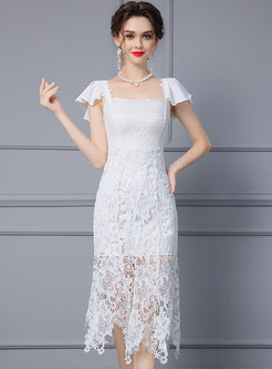 Glamorous Square Collar Flutter Sleeve Lace Bodycon Dresses