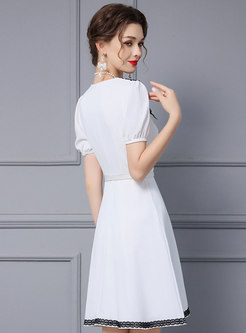 Minimalist Contrasting Lace Collar With Belt Skater Dresses