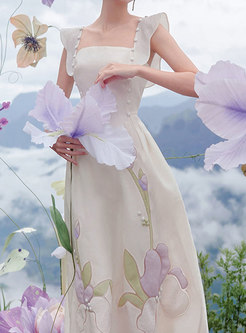 Square Neck Ruffle Sleeve Three-dimensional Flowers Midi Dresses