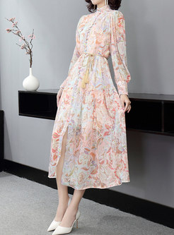 Resort Mock Neck Flowers Long Sleeve Tea Length Dresses