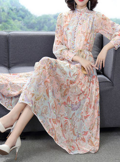 Resort Mock Neck Flowers Long Sleeve Tea Length Dresses