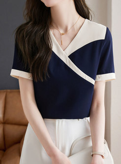Minimalist Turn-Down Collar Contrasting Summer Tops For Women