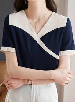 Minimalist Turn-Down Collar Contrasting Summer Tops For Women