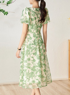Square Neck Puff Sleeve Floral Chiffon Dresses