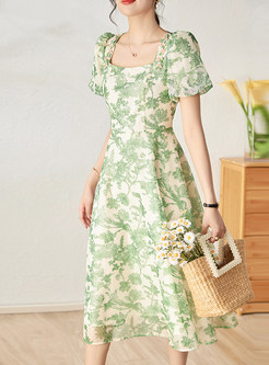 Square Neck Puff Sleeve Floral Chiffon Dresses