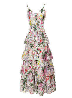 Vintage Strap Floral Print Single-Breasted Maxi Dresses