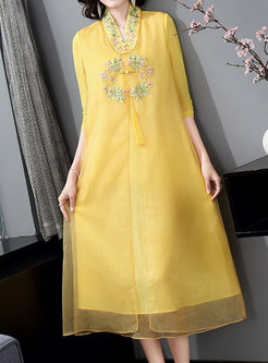 Comfort V-Neck Embroidered Tulle Cheongsam Style Dresses