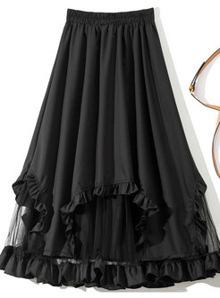 Blooming Elastic Waist Distored Selvedge Black Skirts