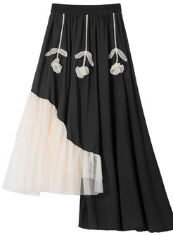 Vintage Contrasting Flower Decor Asymmetrical Long Skirts