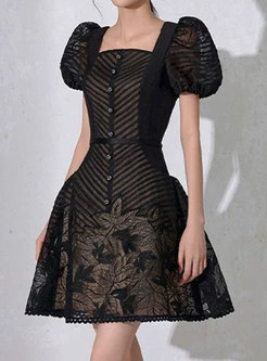 Transparent Puff Sleeve Solid Color Black Dresses