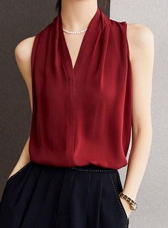 Glamorous V-Neck Solid Color Red Tops