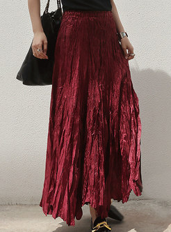 Elastic Waist Pleated Solid Color Red Maxi Skirts For Women