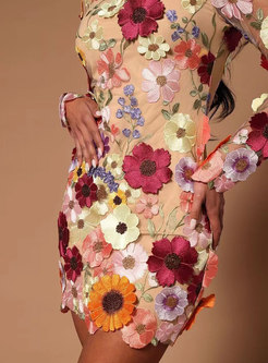 Bodycon Embroidered Flower Decor Short Dresses