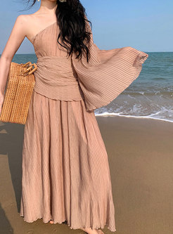 Elegant One Sleeve Pleated Beach Long Dresses