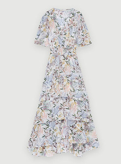 Elegant V-Neck Floral Pleated Layer Frill Dresses