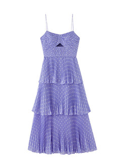 Purple Polka Dot Waist Hollow Out Camisole Dresses