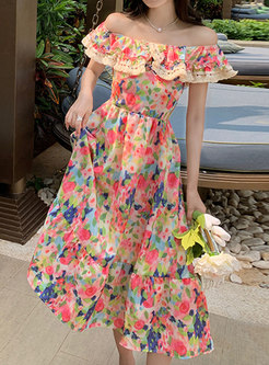 Romantic off-shoulder Fringes Floral Beach Long Dresses