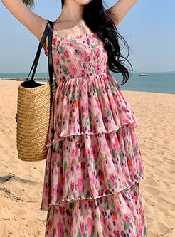 Pretty Floral Pleated Layer Frill Maxi Beach Dresses