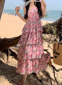 Pretty Floral Pleated Layer Frill Maxi Beach Dresses