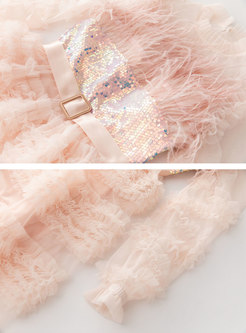 Sweet & Cute Sequined Feather-Trimmed Layered Long Dresses