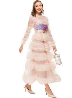 Sweet & Cute Sequined Feather-Trimmed Layered Long Dresses