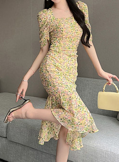 Hot Square Neck Ruched sleeves Mermaid Chiffon Dresses