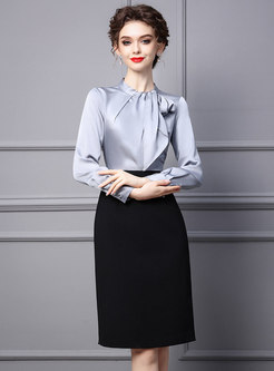 Long Sleeve Silk-Satin Splicing Peplum Office Dresses