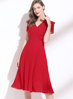 Flutter V-Neck Ruffle Sleeve Chiffon Red Dresses