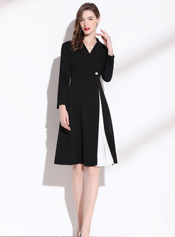 Fashion Notched Collar Contrasting A-Line Dresses