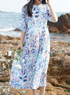 Elegant Turn-Down Collar Printed Maxi Dresses