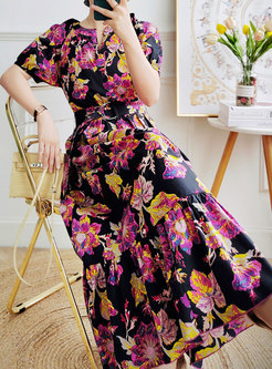 Blooming Corset Belt Long Floral Print Dresses