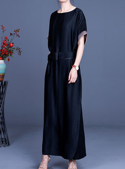 Premium-Fabric Contrasting With Belt Long Dresses