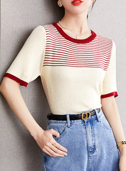Commuter Crewneck Contrasting Knit Tops For Women