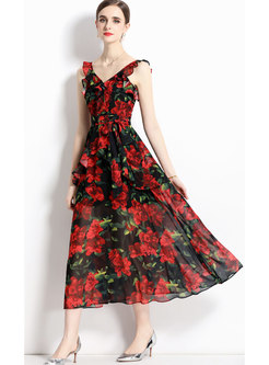 Sweet Backless Floral Ruffle Sleeve Midi Dresses