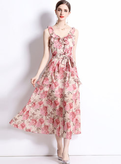 Sweet Backless Floral Ruffle Sleeve Midi Dresses