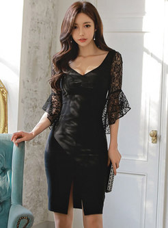 Sexy Lace Flare Sleeve Split Bodycon Dresses