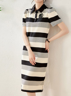Turn-Down Collar Color Contrast Shift Dresses