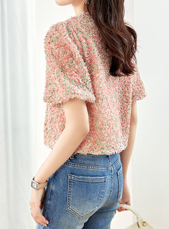 Sweet & Cute Floral Print Pearl Button Tops For Women