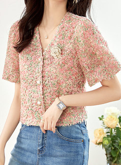 Sweet & Cute Floral Print Pearl Button Tops For Women