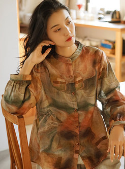 Stand Collar Floral Linen Ladies Blouses