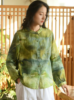 Stand Collar Floral Linen Ladies Blouses